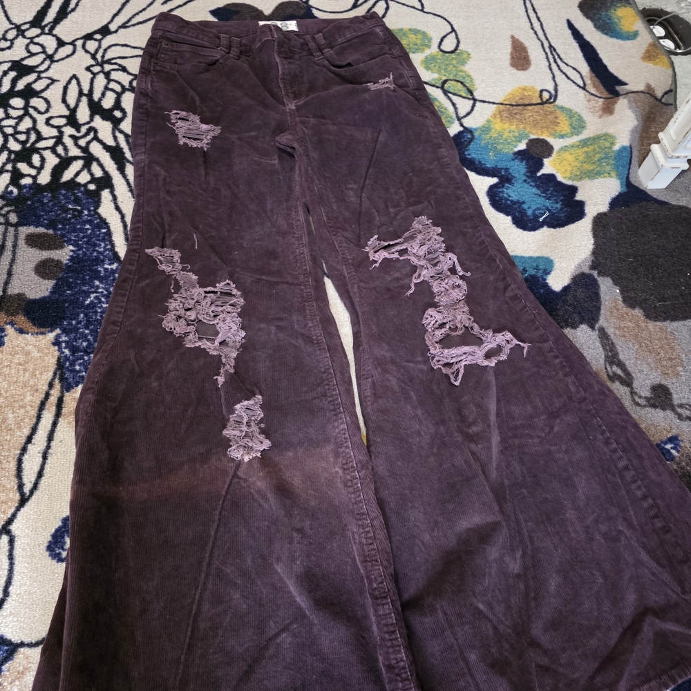 Free People Wide-Leg Distressed Corduroy Jeans in Plum